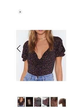 Nasty girl women’s ruched dark floral bodysuit puff sleeve sz 4 front tie